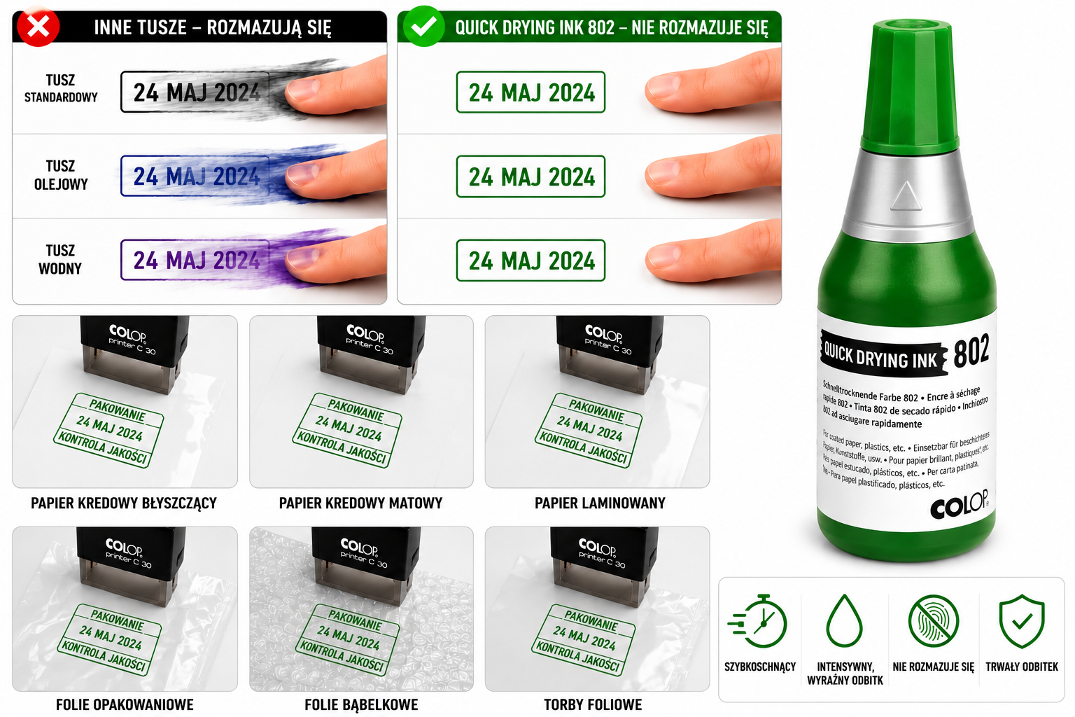 COLOP 802 Tusz szybkoschnący 25ml zielony do folii plastiku papieru kredowego - obrazek 2