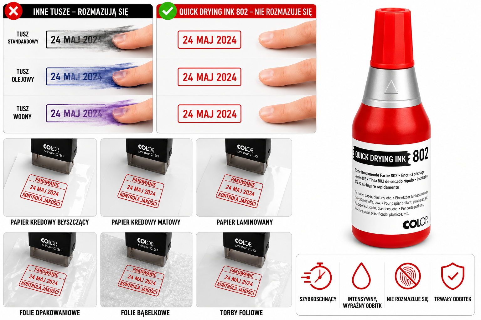 COLOP 802 Tusz szybkoschnący 25ml czerwony do folii plastiku papieru kredowego - obrazek 2